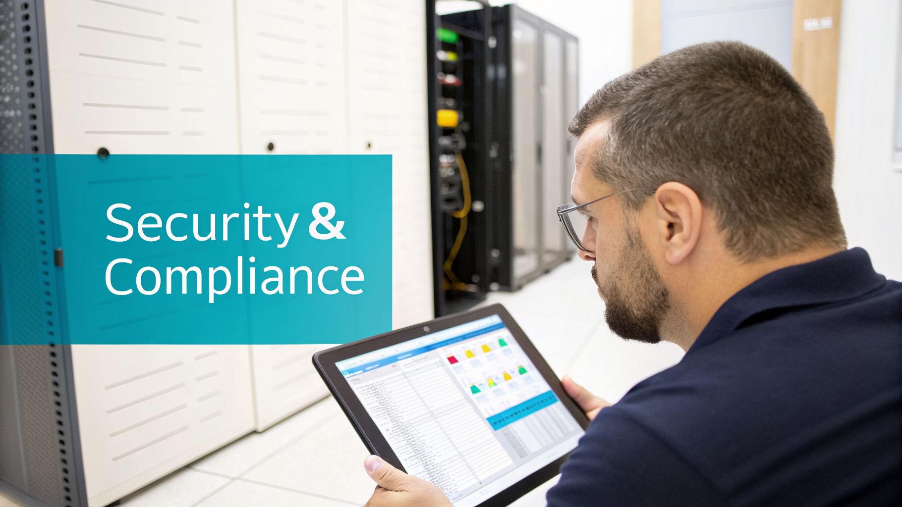A man in a data center examining a tablet with a data management interface, text reads "Security & Compliance&quot.
