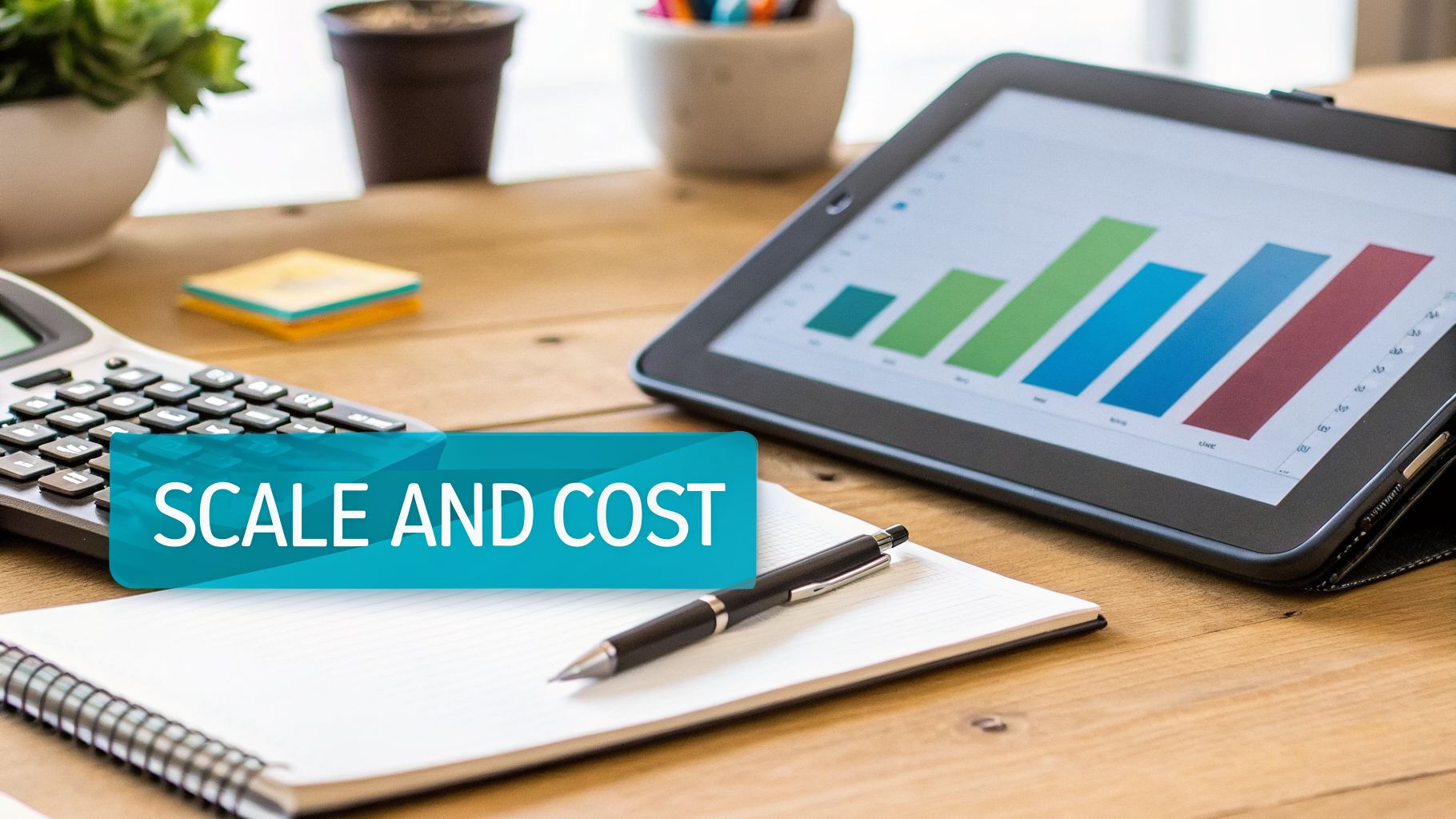 A business desk with a calculator, a tablet displaying a bar graph, and a banner reading 'SCALE AND COST&#039.