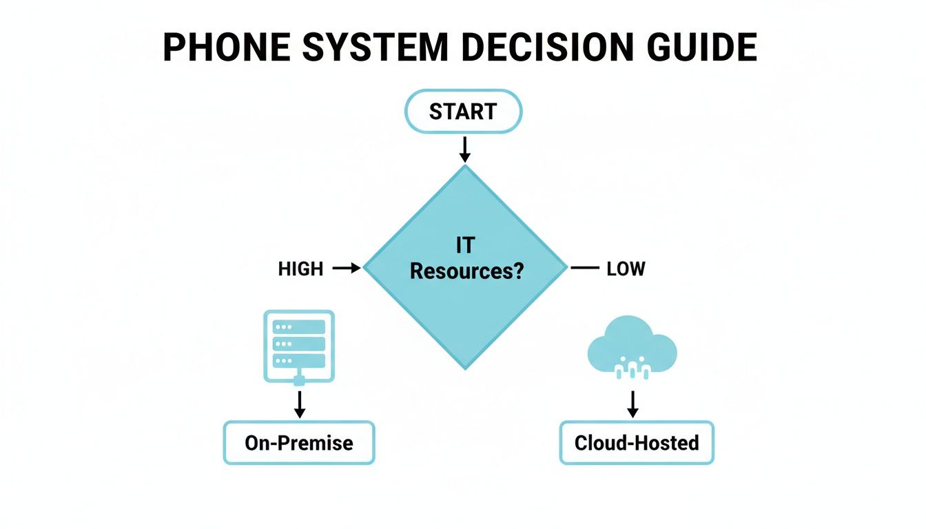 A flowchart decision guide for phone systems: Start, then 'IT Resources?&#039. High leads to 'On-Premise&#039, Low leads to 'Cloud-Hosted&#039.