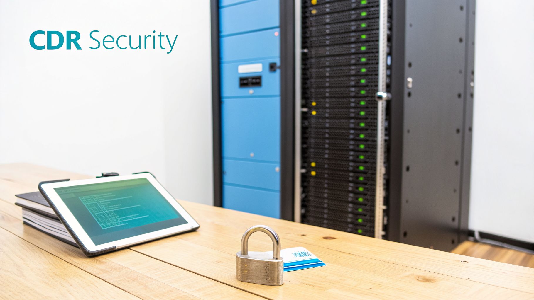 A padlock and tablet on a wooden table with server racks in the background, signifying CDR security.