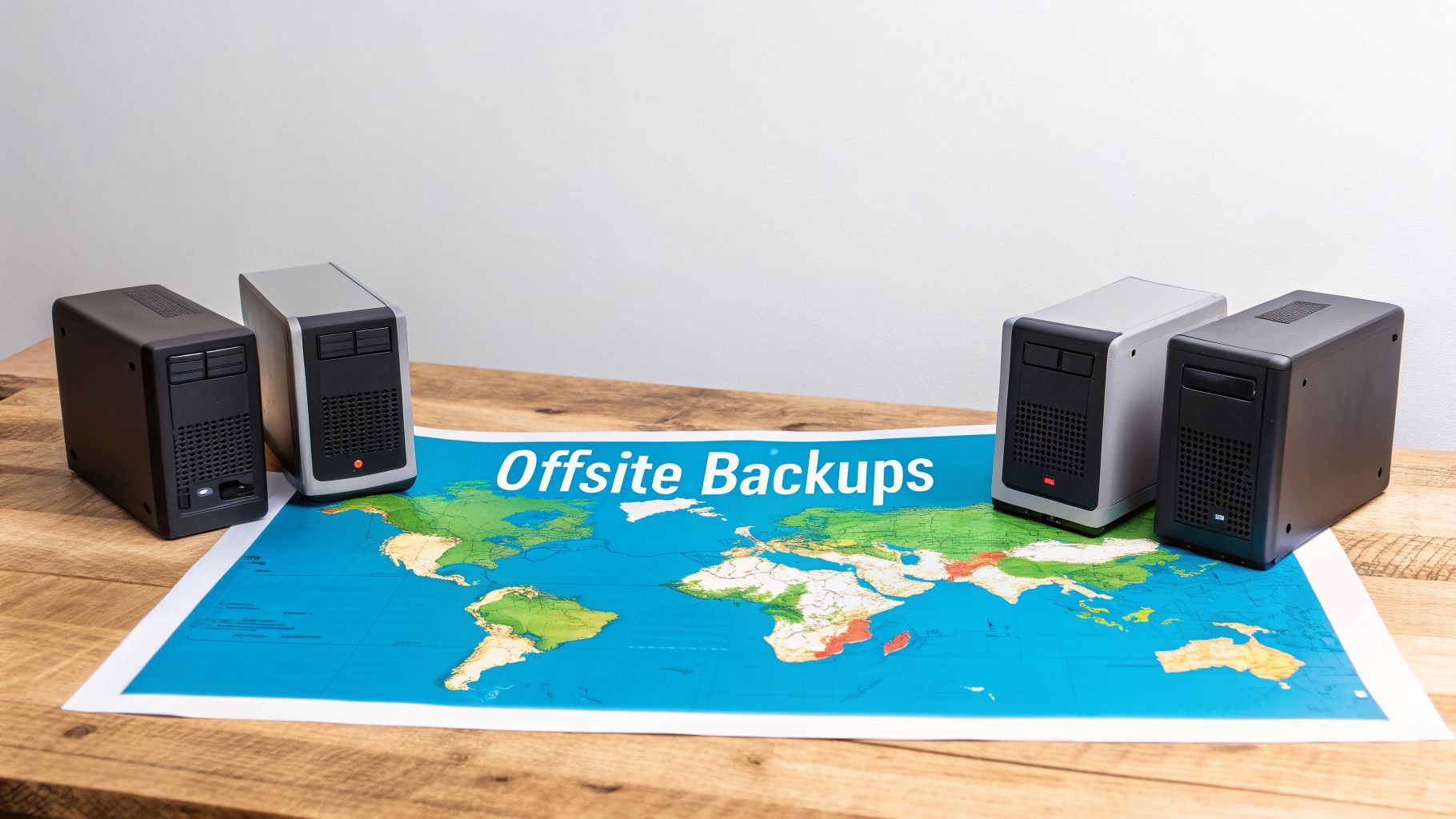 Four mini servers on a world map illustrate offsite data backups, emphasizing geographical distribution.