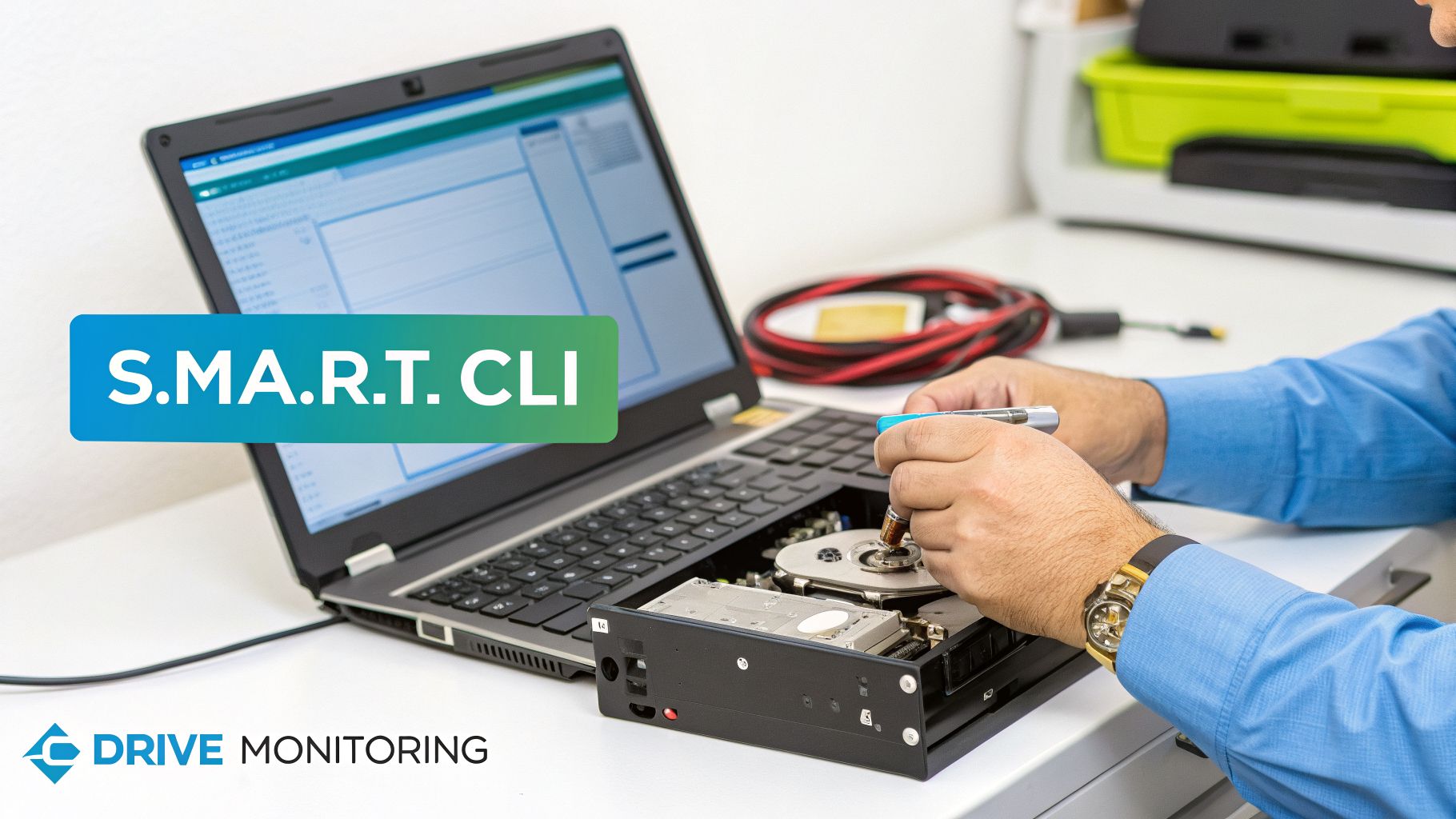 Technician performs hard drive data recovery or repair with a tool, next to a laptop running S.M.A.R.T. CLI software.