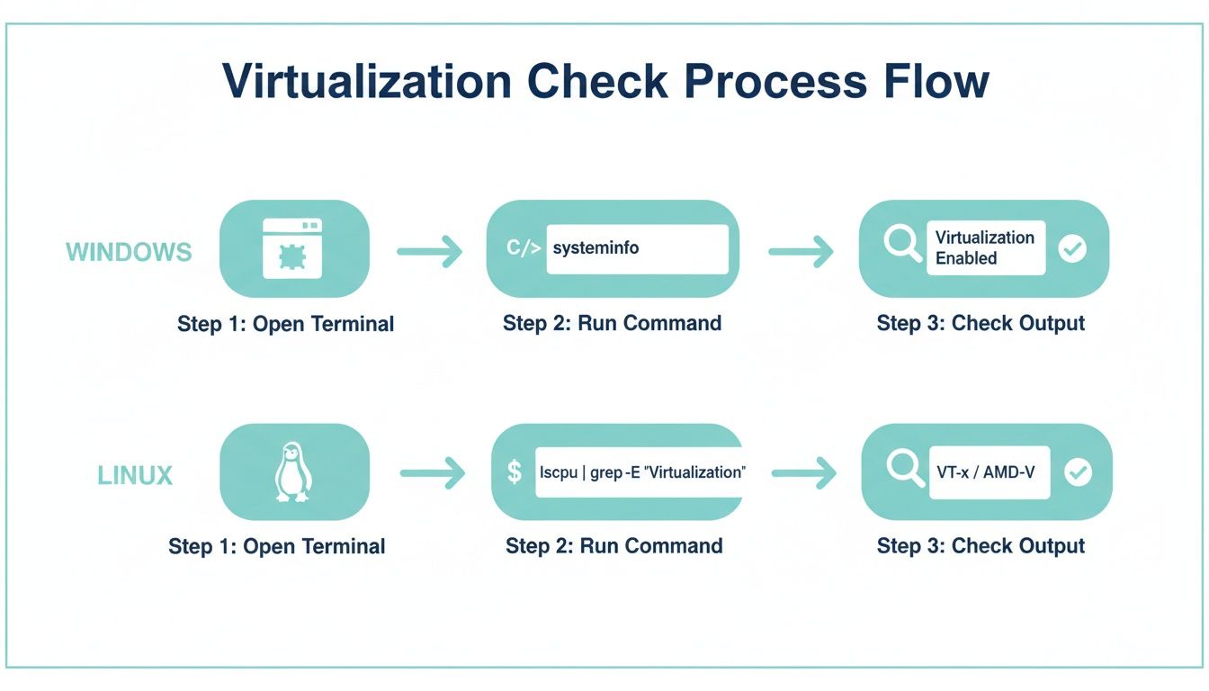 Flowchart showing steps to check virtualization status on Windows using systeminfo and Linux using lscpu.