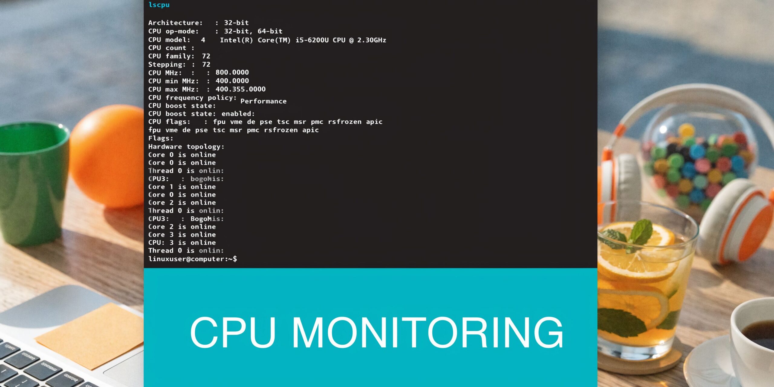 A command line terminal displaying system CPU information on a background of a workspace with orange decor.