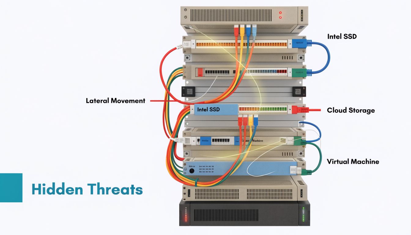 A digital server rack diagram demonstrating cyber security concepts like lateral movement, Intel SSD, and cloud storage threats.