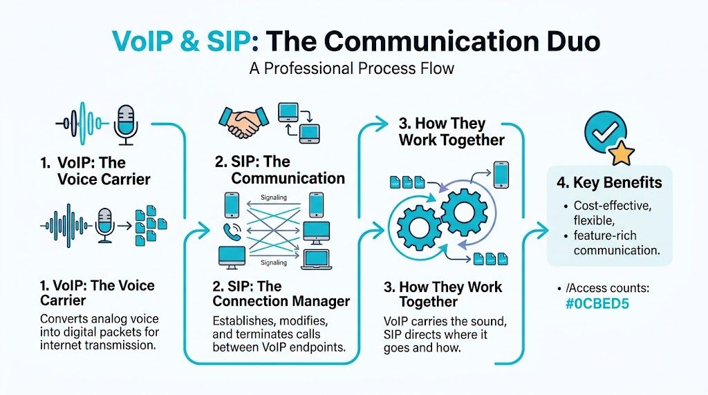 A professional infographic showing how VoIP and SIP work together for efficient digital voice communication.