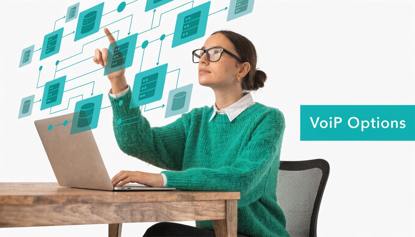 A woman in a green sweater interacting with a digital network interface while working on a laptop.