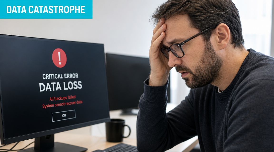 A distressed office worker looking at a computer monitor showing a critical data loss error message.