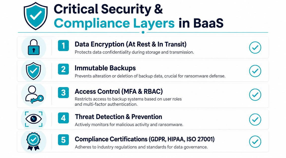 A diagram illustrating the five critical security and compliance layers implemented within Backup as a Service (BaaS).