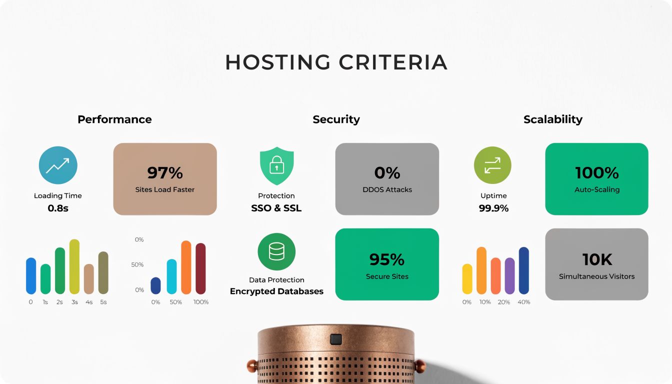 A performance infographic comparing hosting criteria including loading speed, security statistics, and scalability metrics for websites.