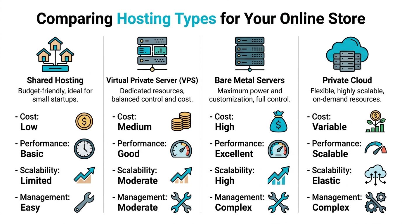 A comparison chart showing features and performance metrics for shared hosting, VPS, bare metal, and private cloud.