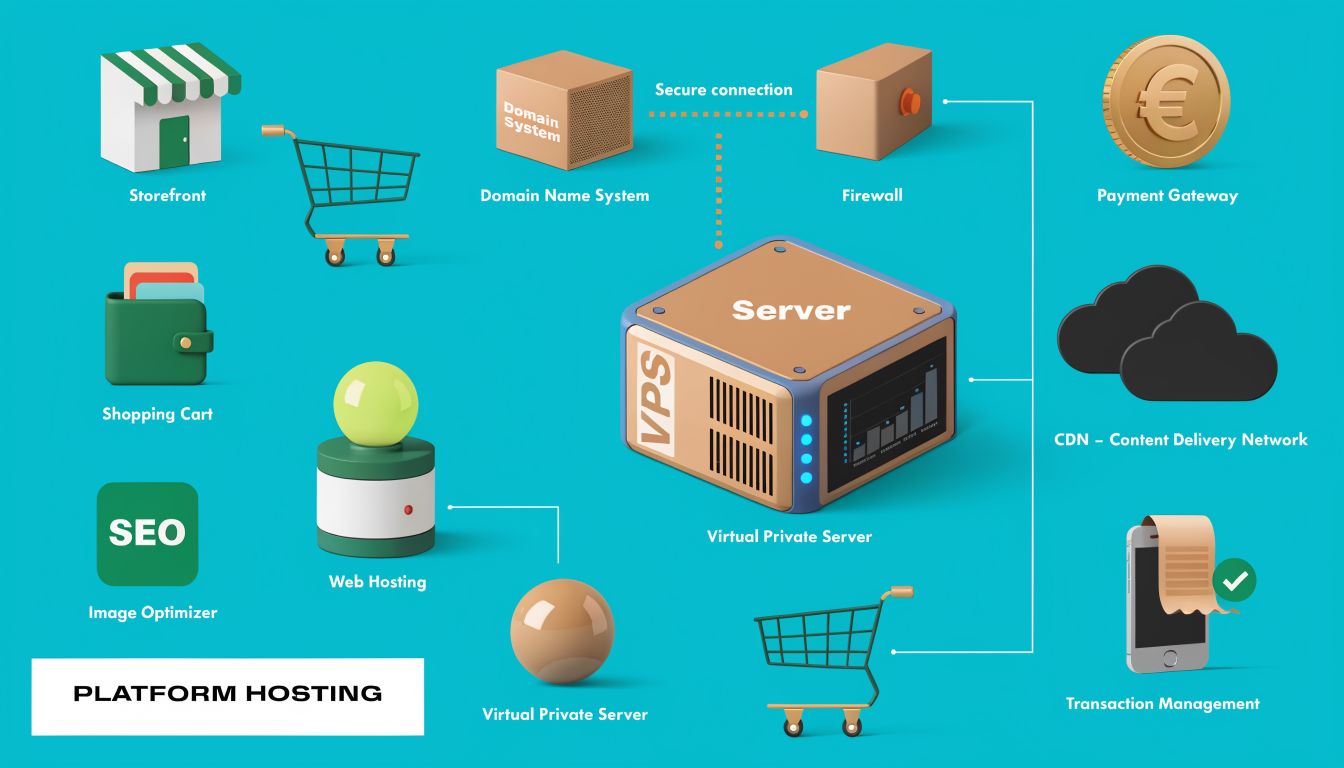 A diagram illustrating the components of platform hosting for an online store, featuring servers, security, and payment systems.
