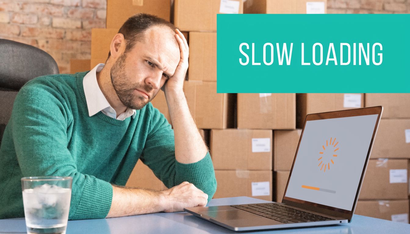 A frustrated man sitting in a warehouse office looking at a slow loading screen on his laptop.