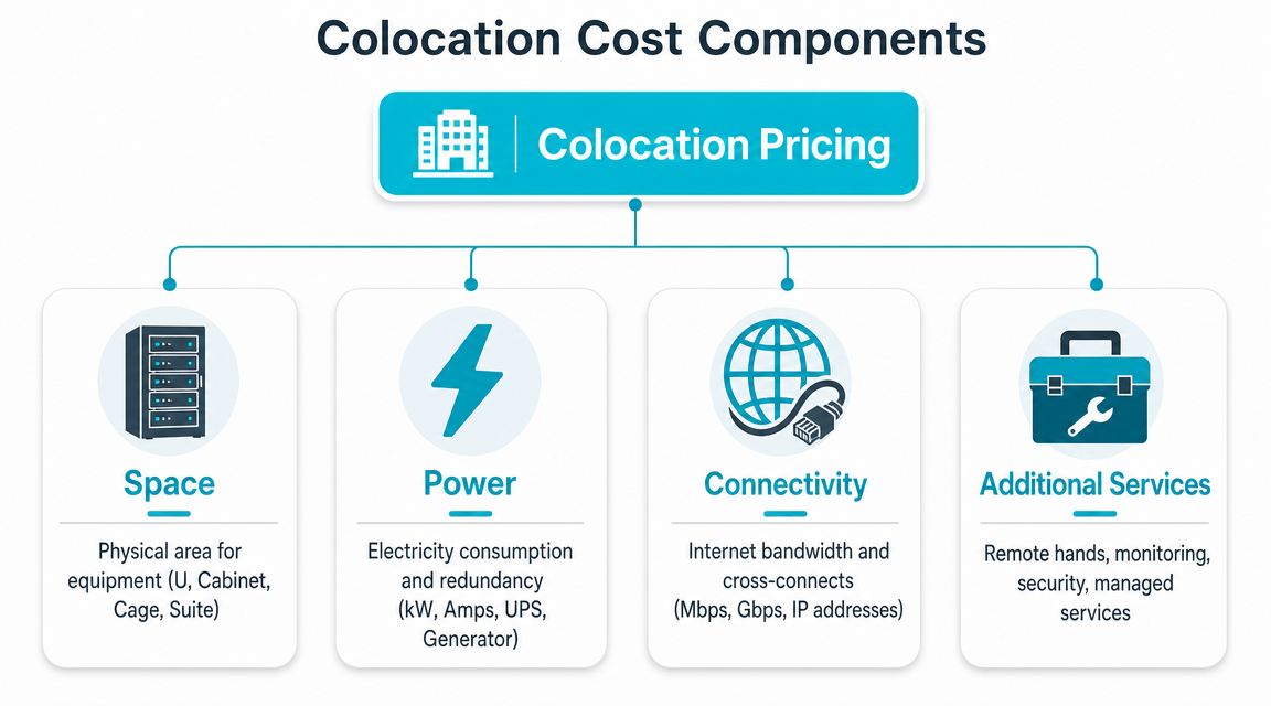 A diagram illustrating the four main components of colocation pricing: space, power, connectivity, and additional services.