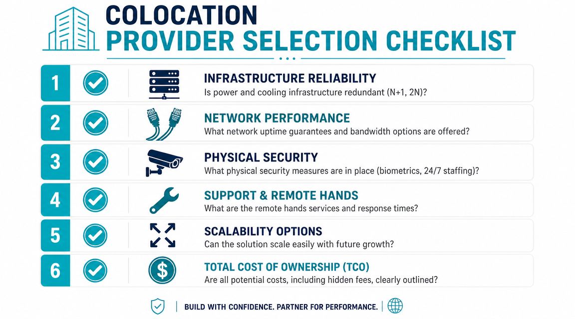 A checklist infographic outlining six essential factors for selecting a reliable data center colocation provider.