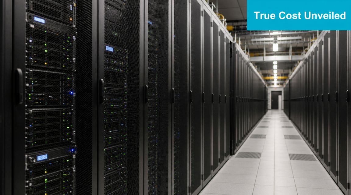 A long server room aisle with rows of black server racks containing blinking electronic hardware equipment.
