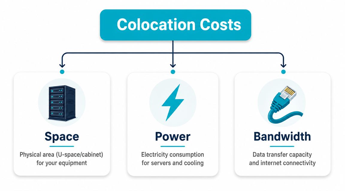 A diagram illustrating the three main components of colocation costs: space, power, and bandwidth.