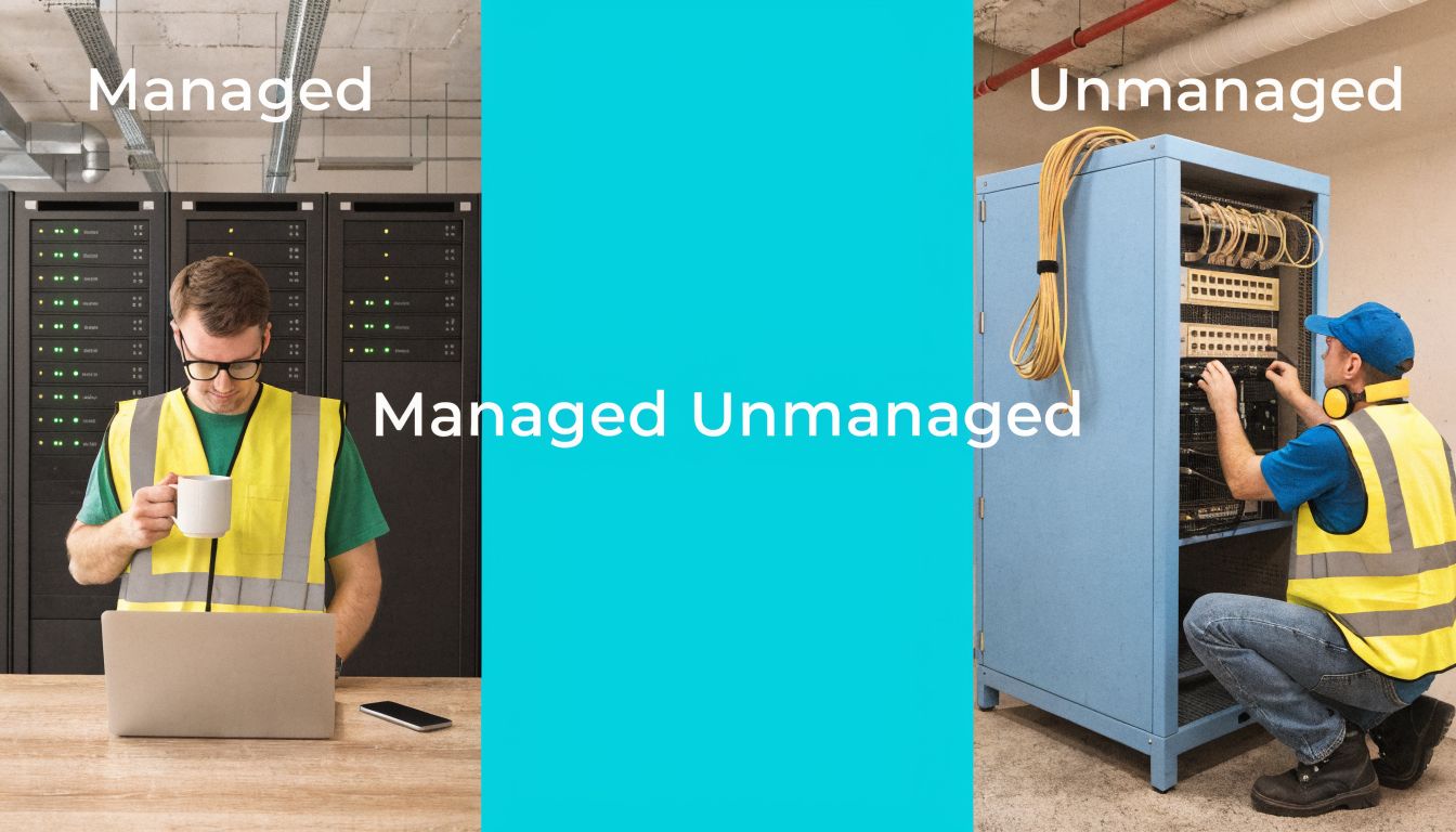A split screen image showing a managed server environment versus an unmanaged network rack maintenance task.