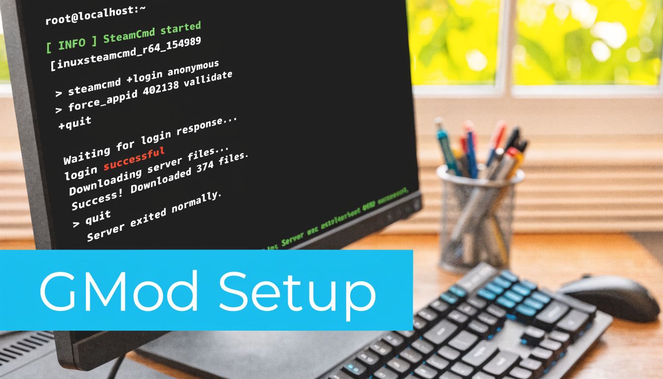A computer monitor displaying terminal commands for setting up a dedicated Garry's Mod server installation.