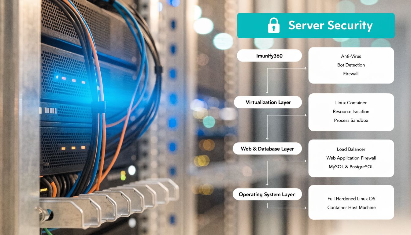A technical infographic detailing multi-layer server security features for hosting, including firewall, virtualization, and hardened operating systems.