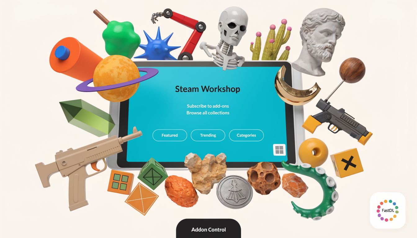 A creative illustration featuring various 3D objects floating around a digital tablet screen displaying Steam Workshop branding.