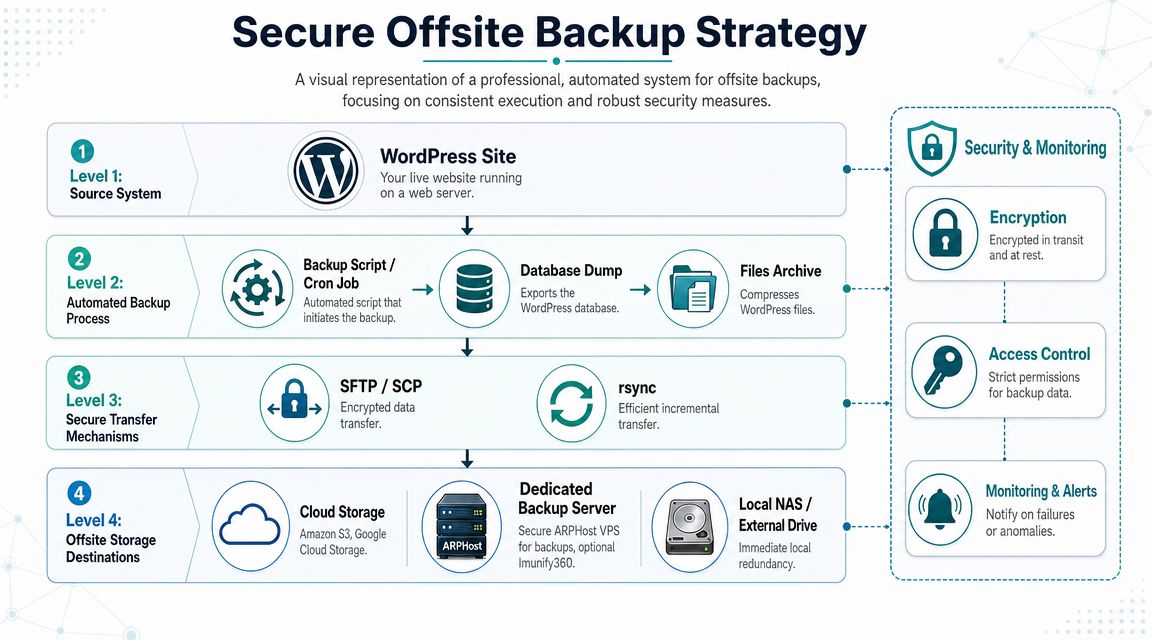 A visual flowchart outlining a four-level secure, automated offsite backup strategy for a WordPress website.