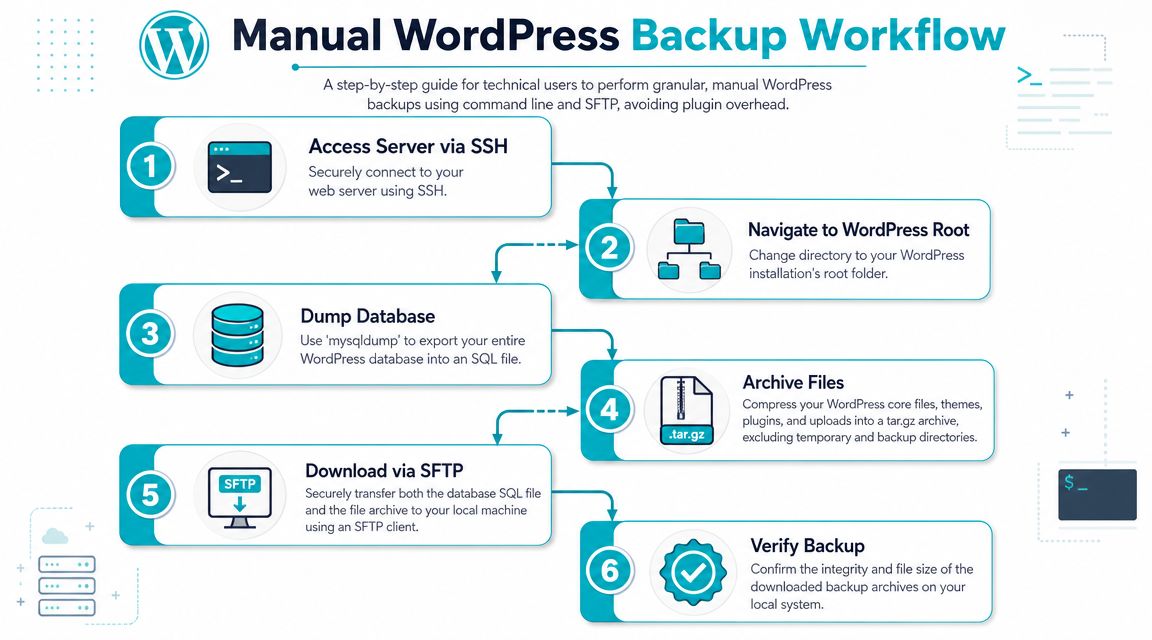 A step-by-step infographic illustrating a manual WordPress backup workflow for technical users using SSH and SFTP.