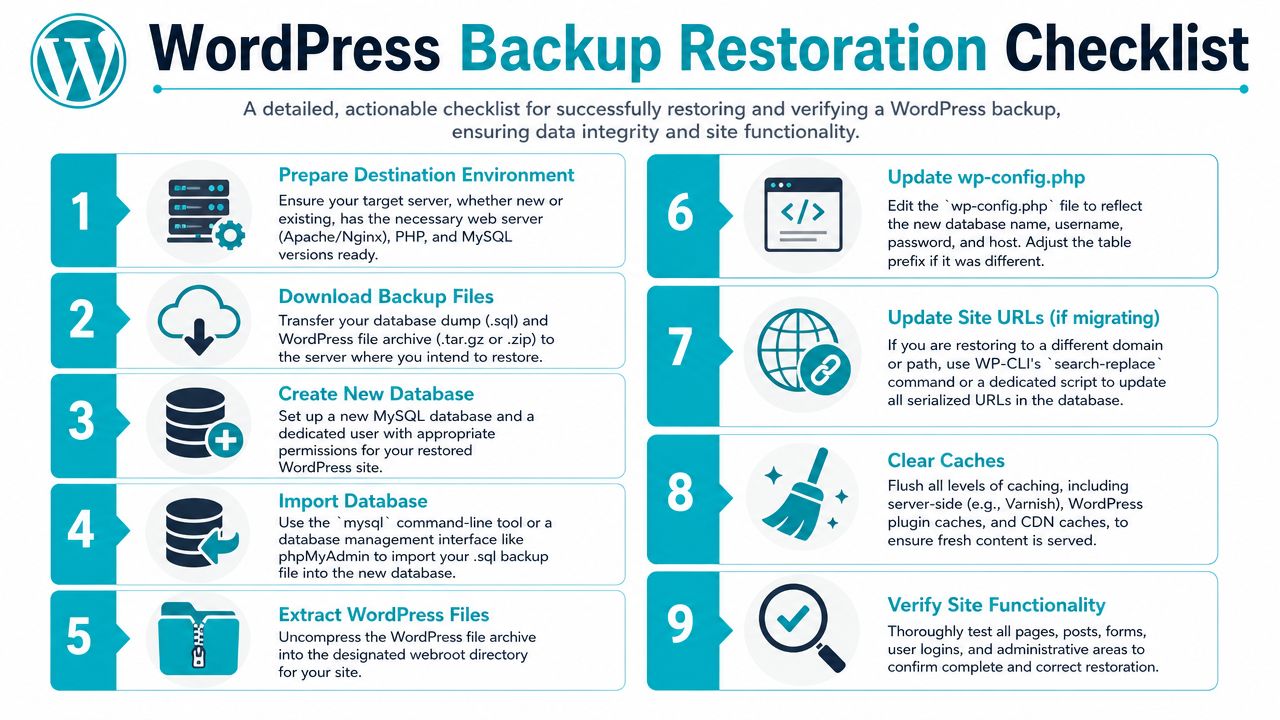 A nine-step infographic checklist guiding users through the process of restoring a WordPress backup successfully.
