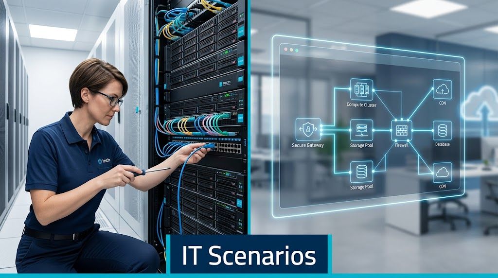 A female IT technician performing server maintenance while a network diagram displays IT infrastructure components.