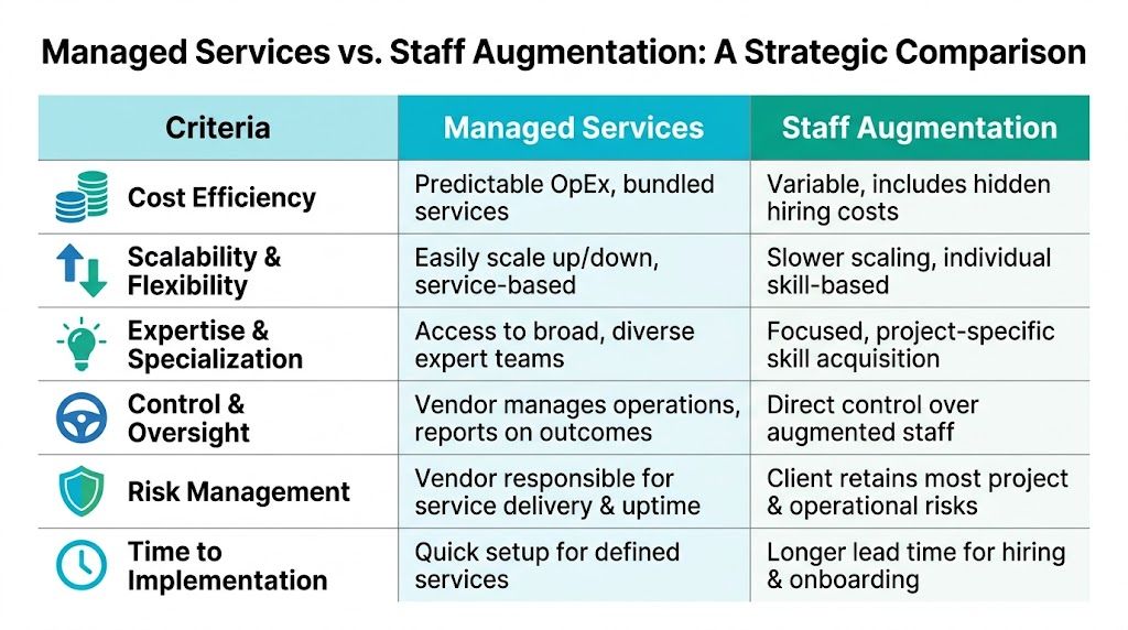 A comparison table outlining key differences between Managed Services and Staff Augmentation across six business criteria.