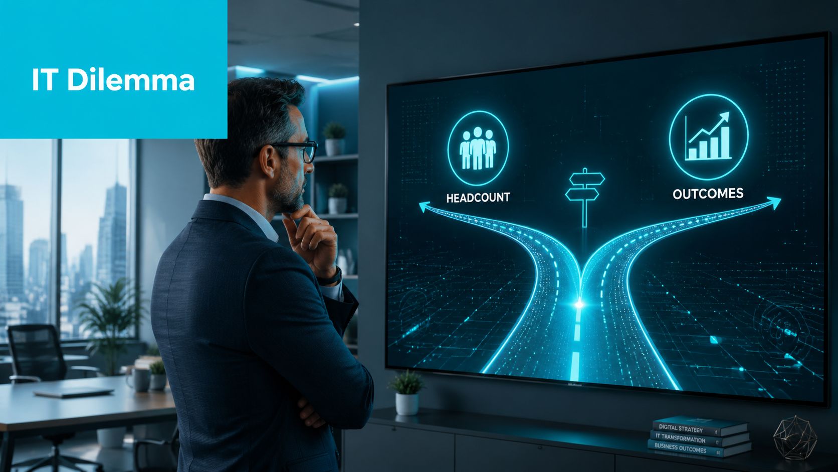 A professional man looking at a digital screen displaying a choice between headcount and business outcomes.
