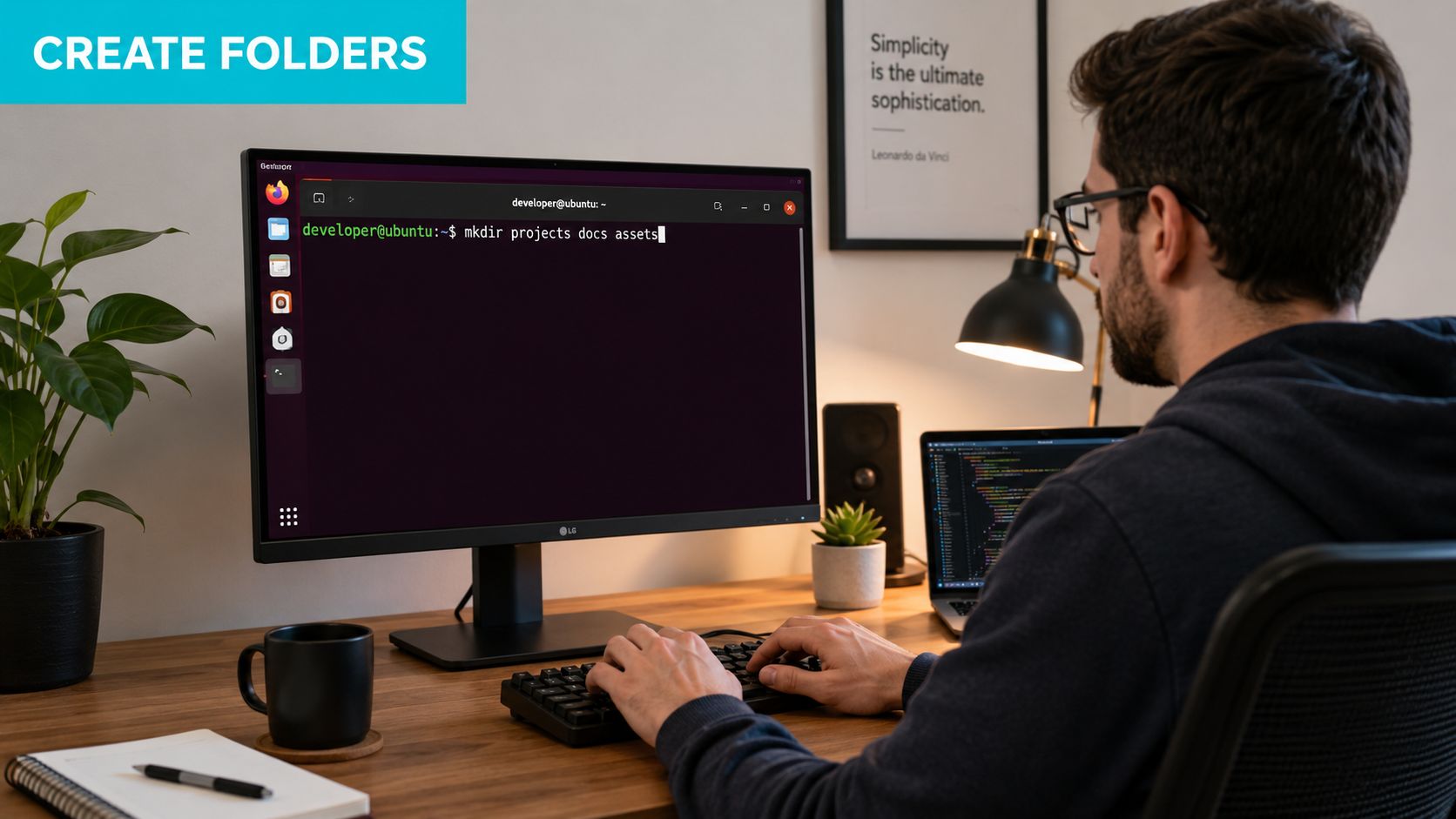 A developer typing a command to create directories in the terminal on an Ubuntu Linux computer system.