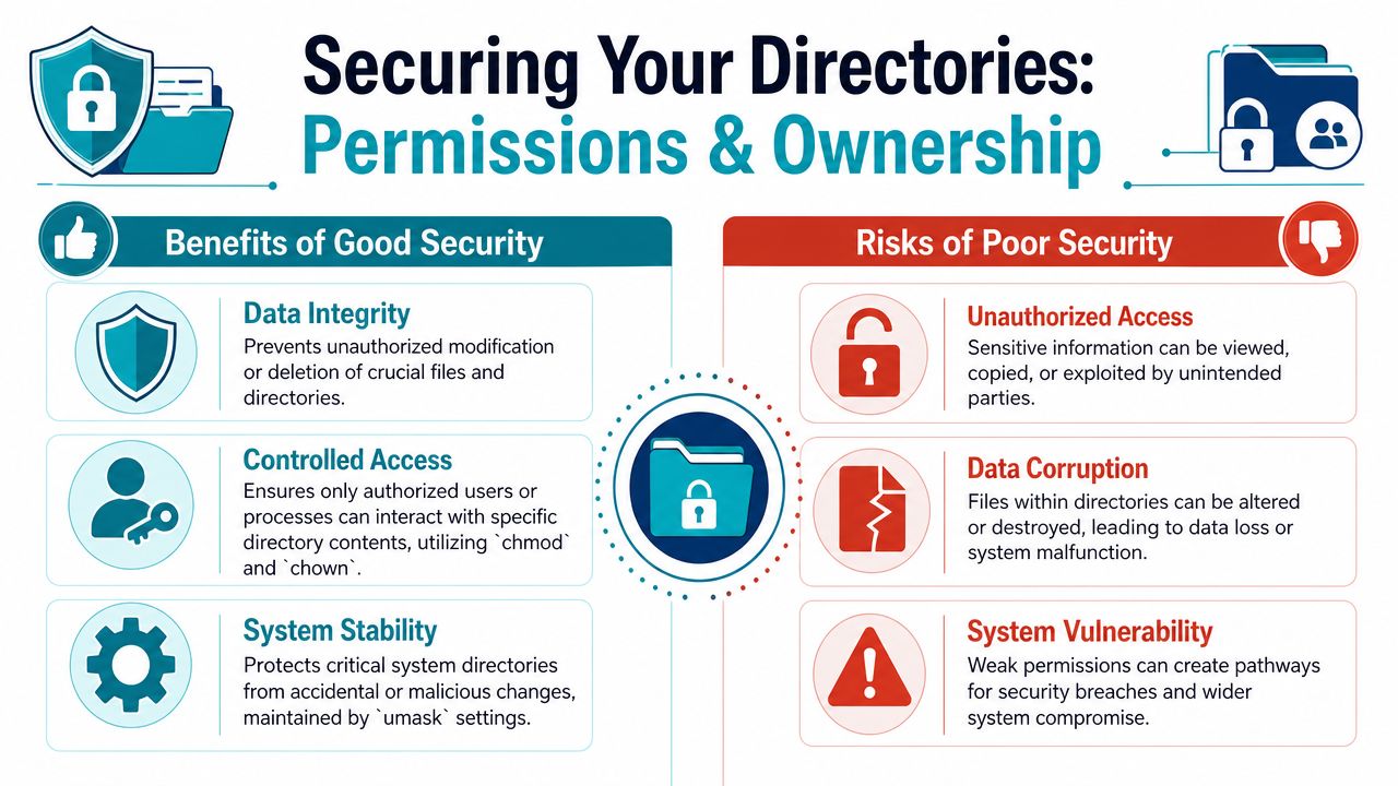 An infographic showing the security benefits and risks associated with managing file directory permissions and ownership in Linux.
