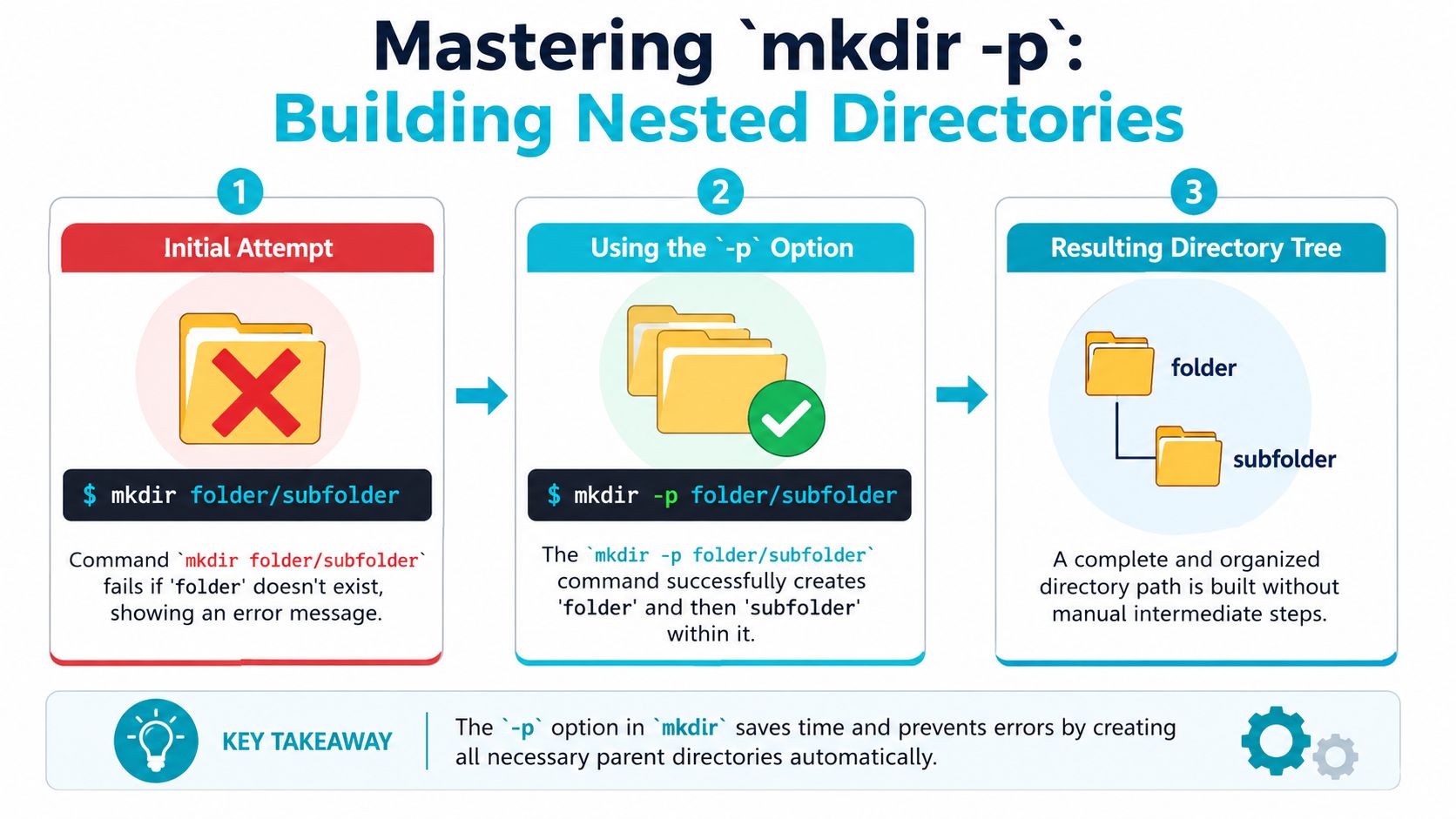 A diagram explaining how to use the mkdir -p command in Linux to create nested directory structures.