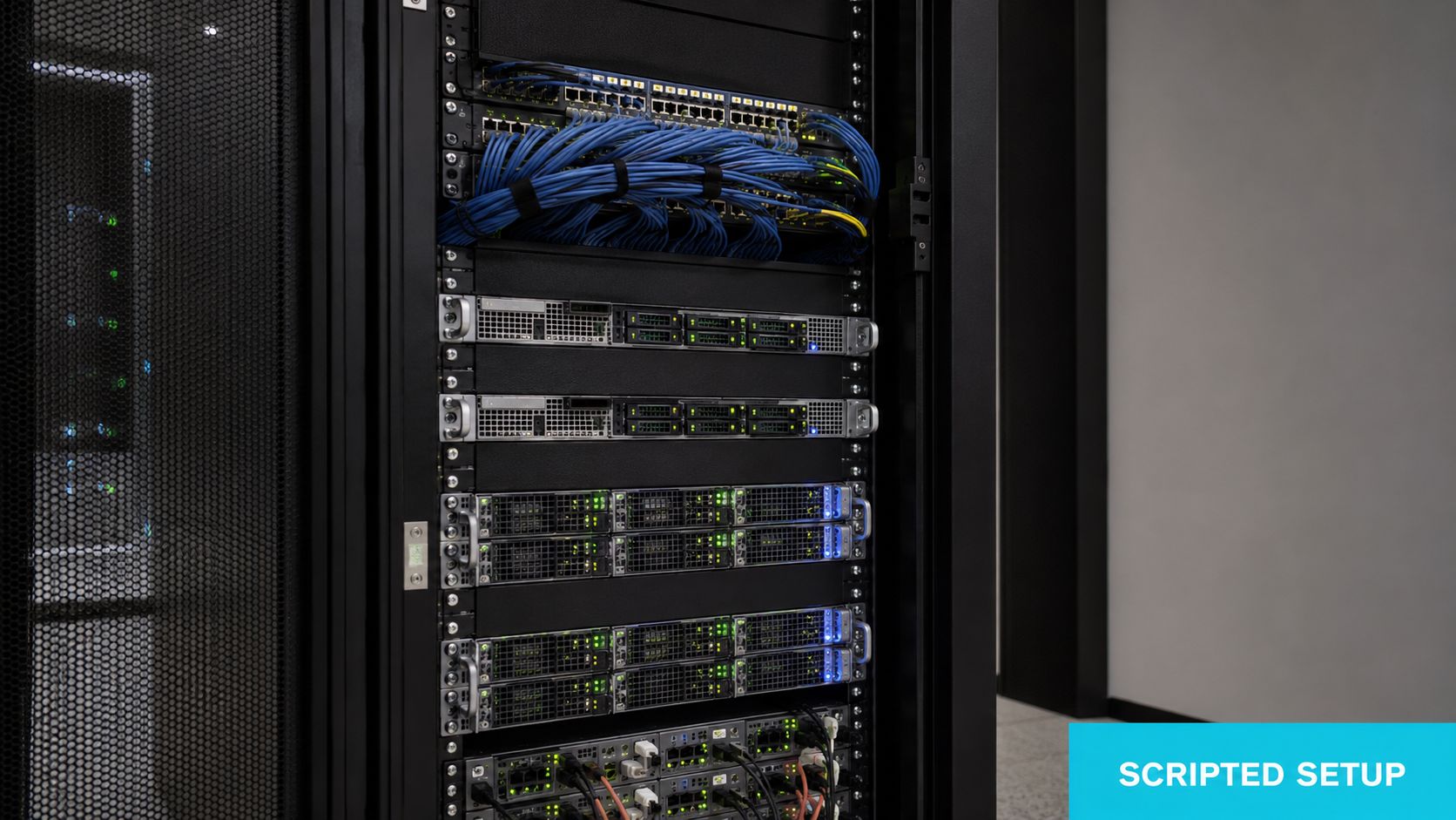 A server rack in a data center containing networking hardware, storage servers, and organized blue ethernet cabling.