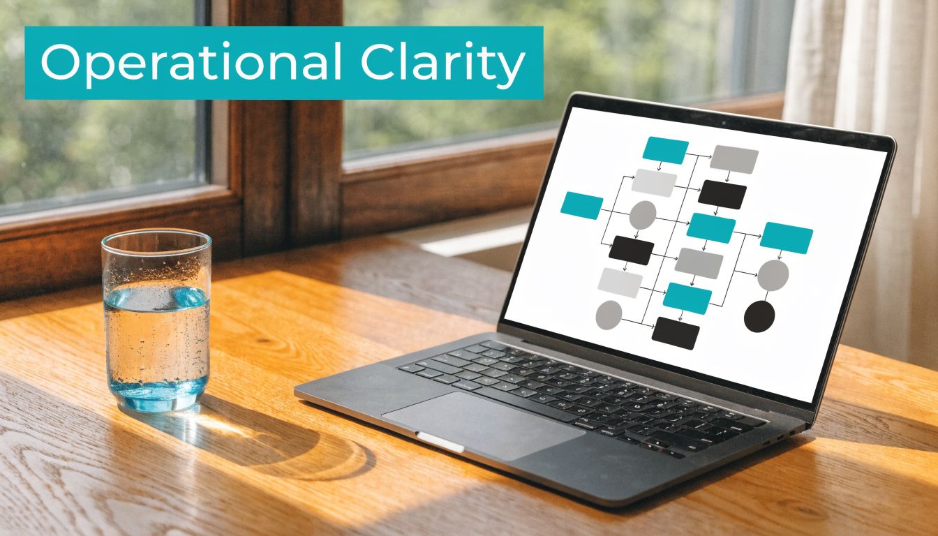 A laptop on a wooden desk displaying a colorful process flow diagram with a glass of water.