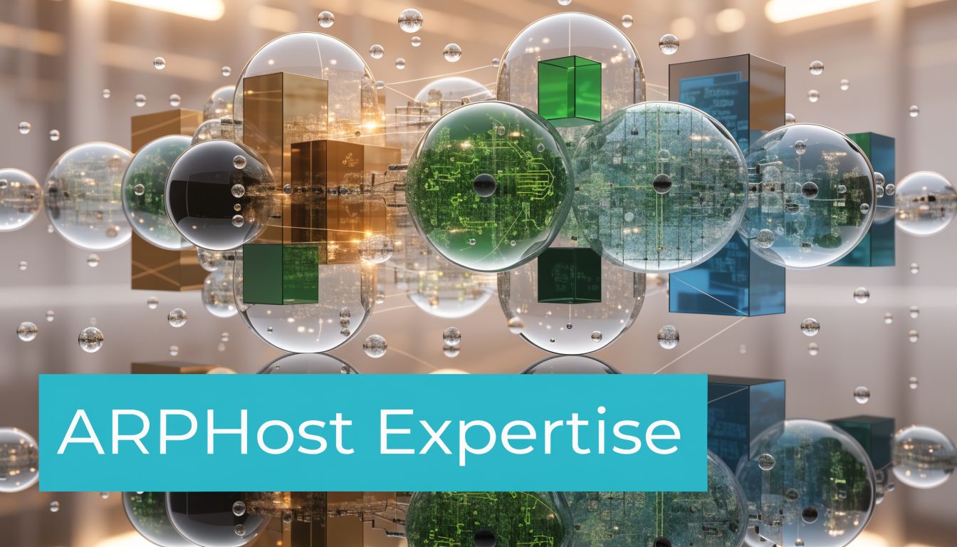 Abstract 3D digital visualization featuring spheres and blocks with integrated text reading ARPHost Expertise.