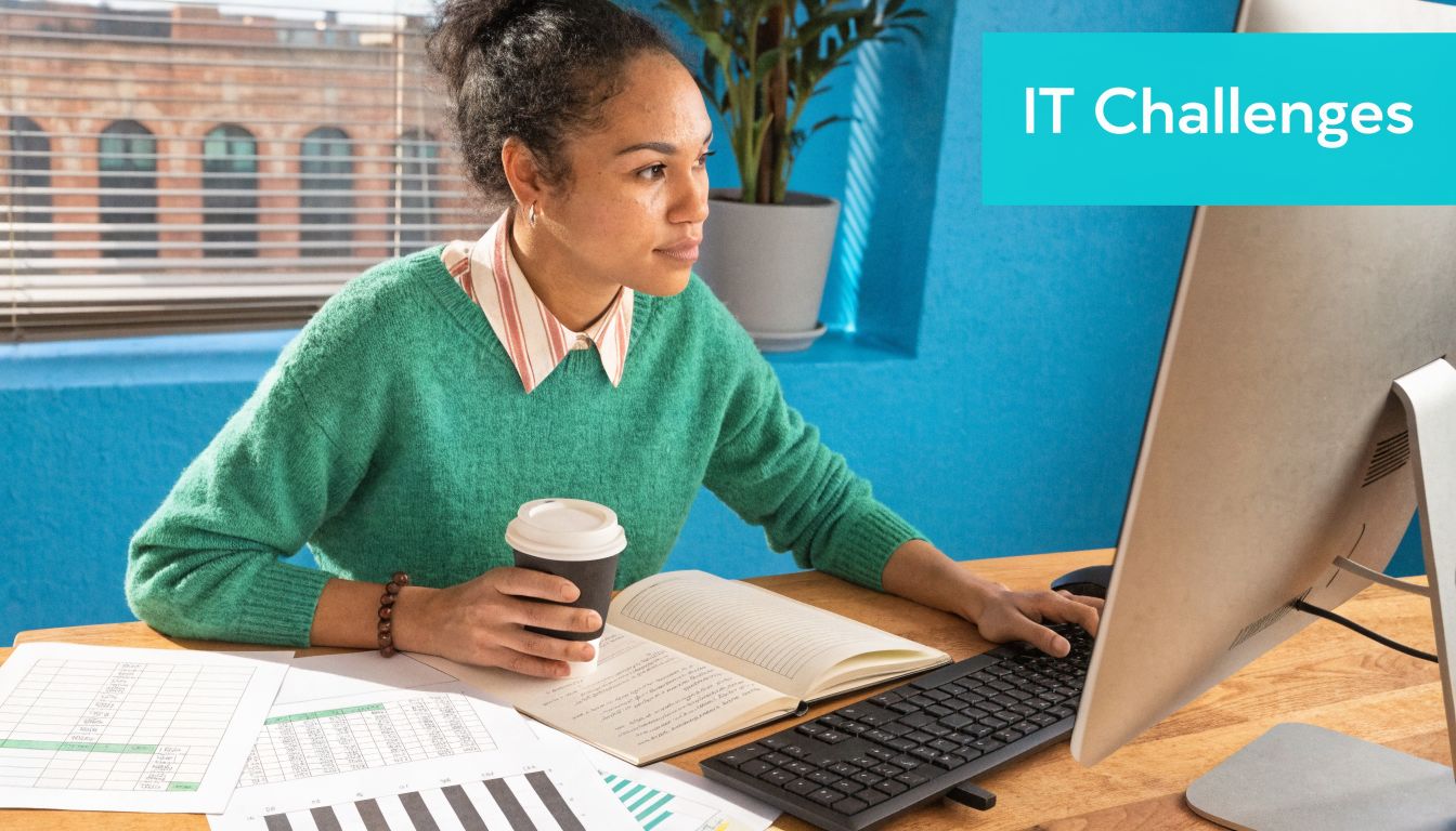 A professional woman working at a computer in a modern office with IT support challenges text overlay.
