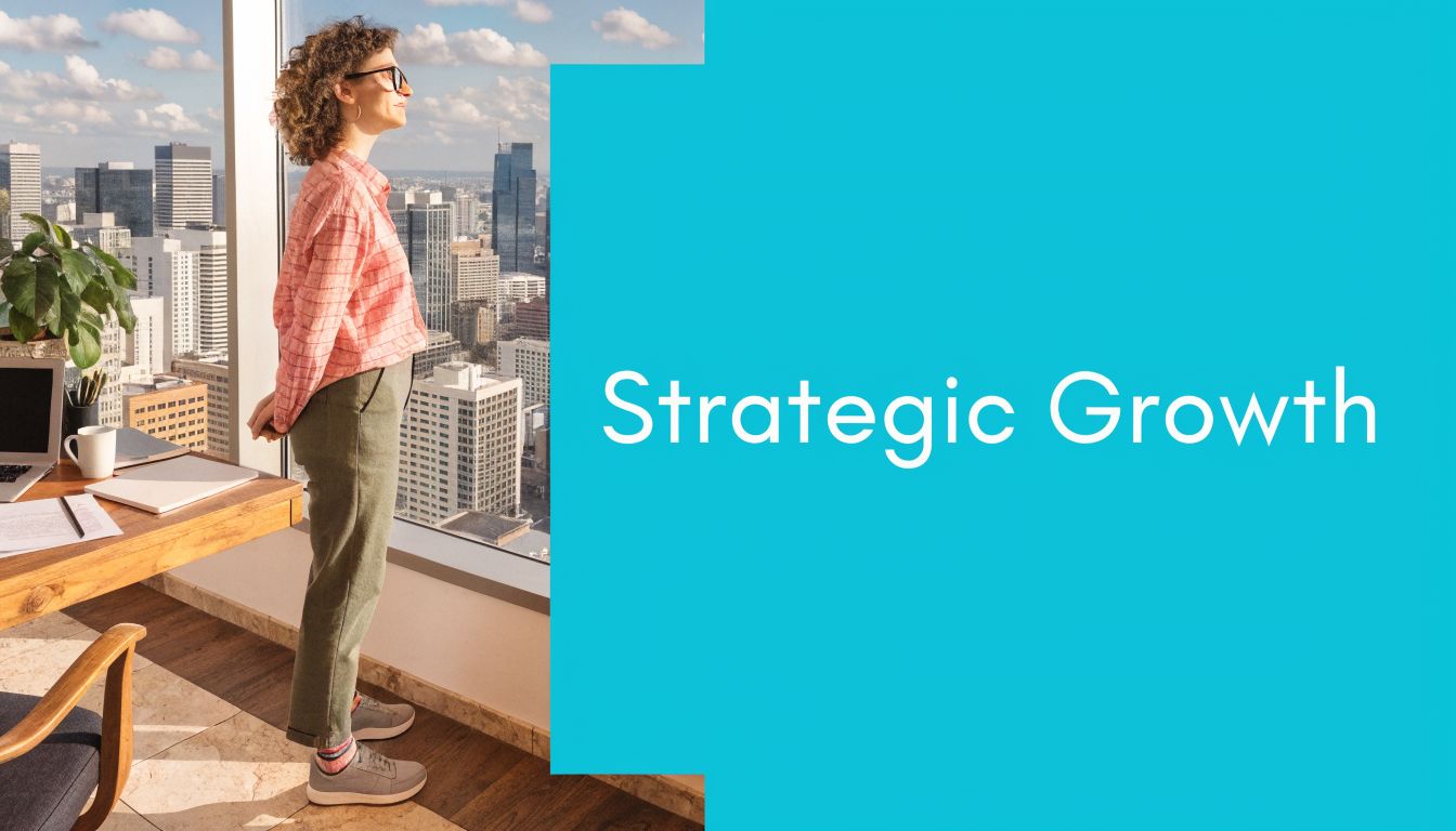A professional woman in an office looks out at a cityscape with the text Strategic Growth.