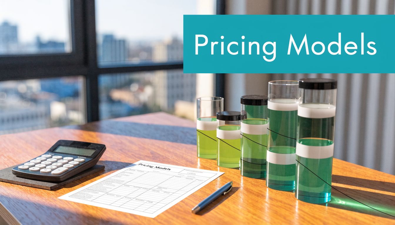 A wooden office desk with a calculator, pen, paper spreadsheet, and decorative glass cylinders displaying pricing models.