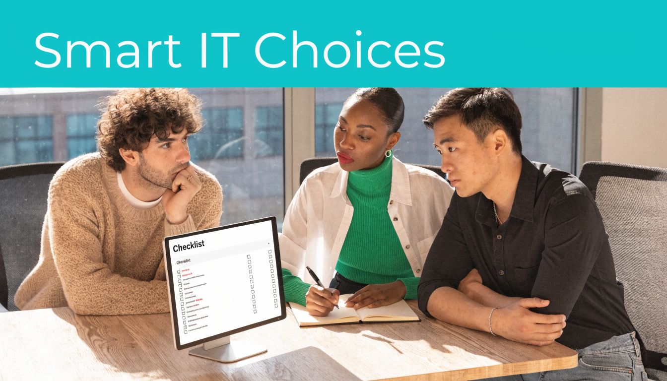 A diverse team of professionals collaborating on a project while reviewing an IT checklist on a screen.