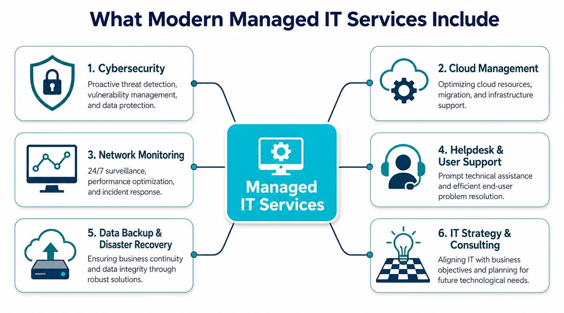 A diagram illustrating six key components of modern managed IT services including cybersecurity, cloud management, and support.