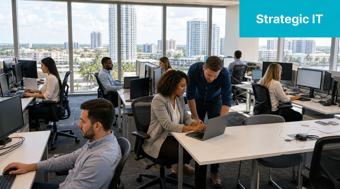 A professional team working collaboratively in a modern, sunlit office with panoramic city views.