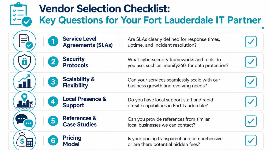 A vendor selection checklist featuring six key questions for evaluating Fort Lauderdale IT service partners.