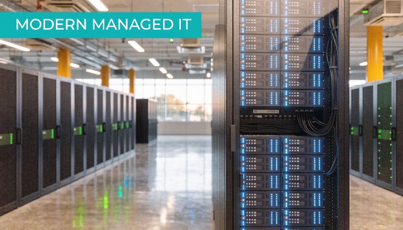 Rows of dark server racks inside a modern data center with blue status lights visible.