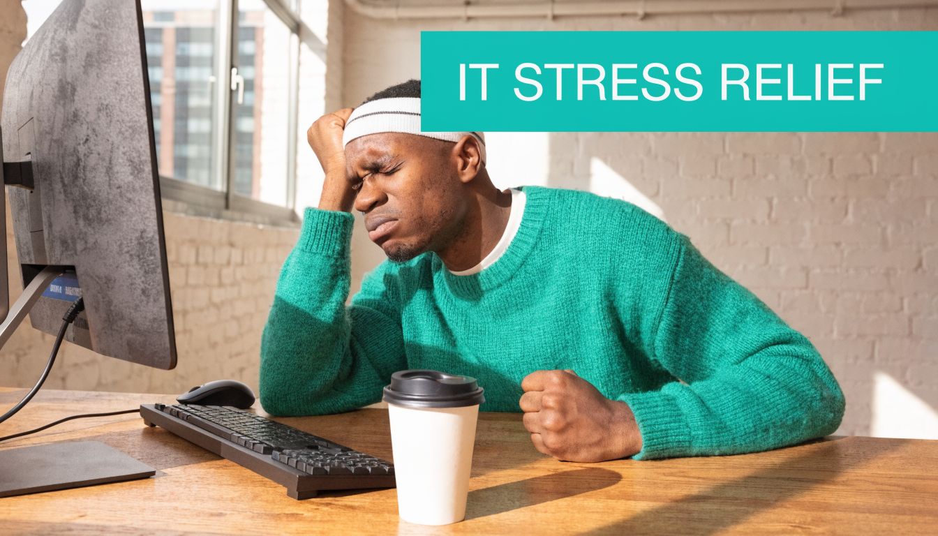 A stressed IT professional wearing a headband sitting at a computer desk with a cup of coffee.