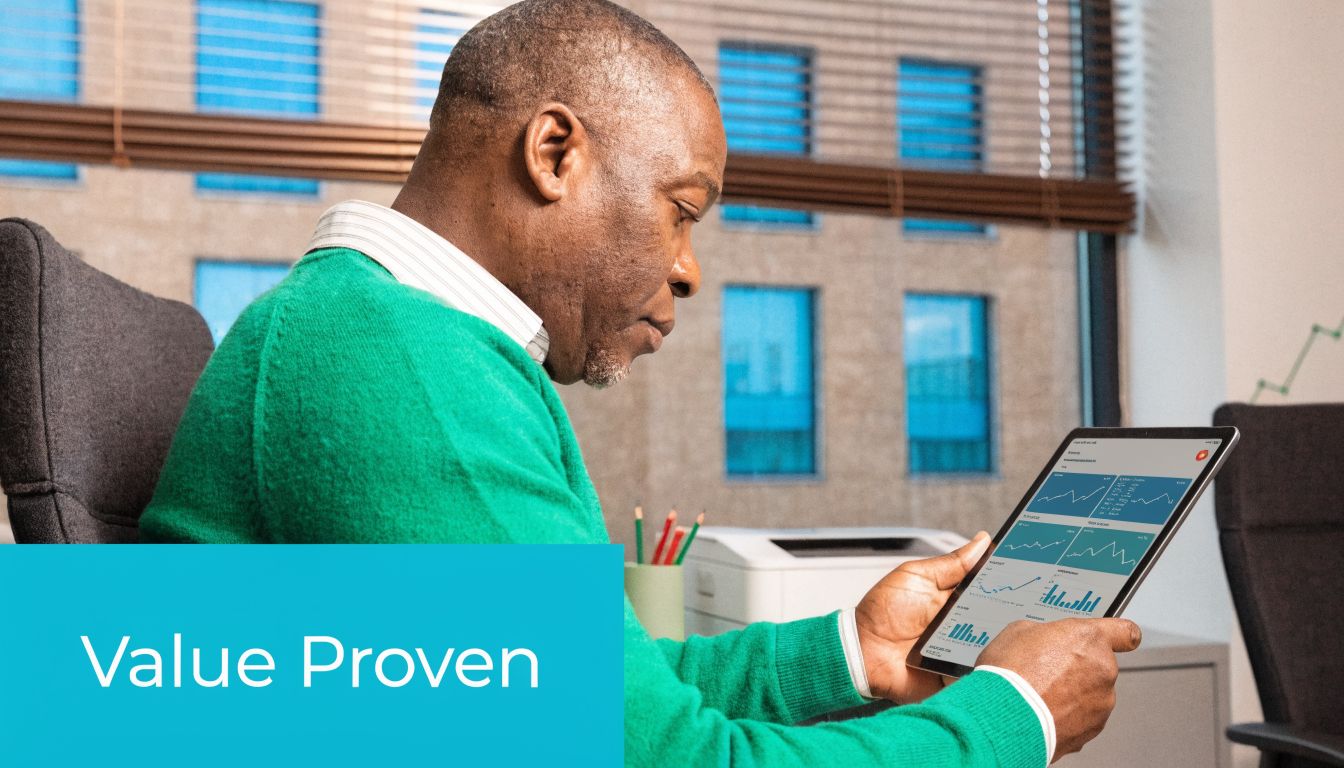 A professional man in a green sweater reviewing business analytics on a tablet in an office setting.