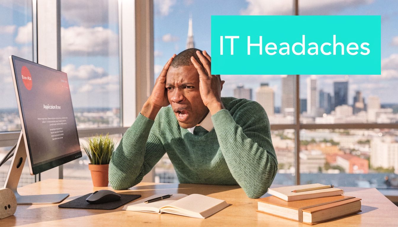A frustrated IT professional sitting at a desk looking at a computer monitor showing an error screen.