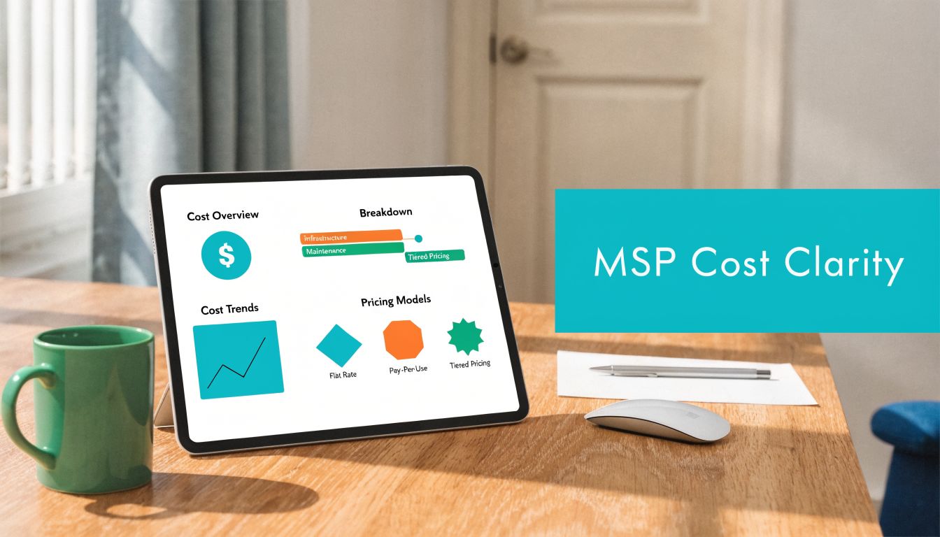 A digital tablet displaying MSP cost clarity charts on a desk with a coffee mug and mouse.
