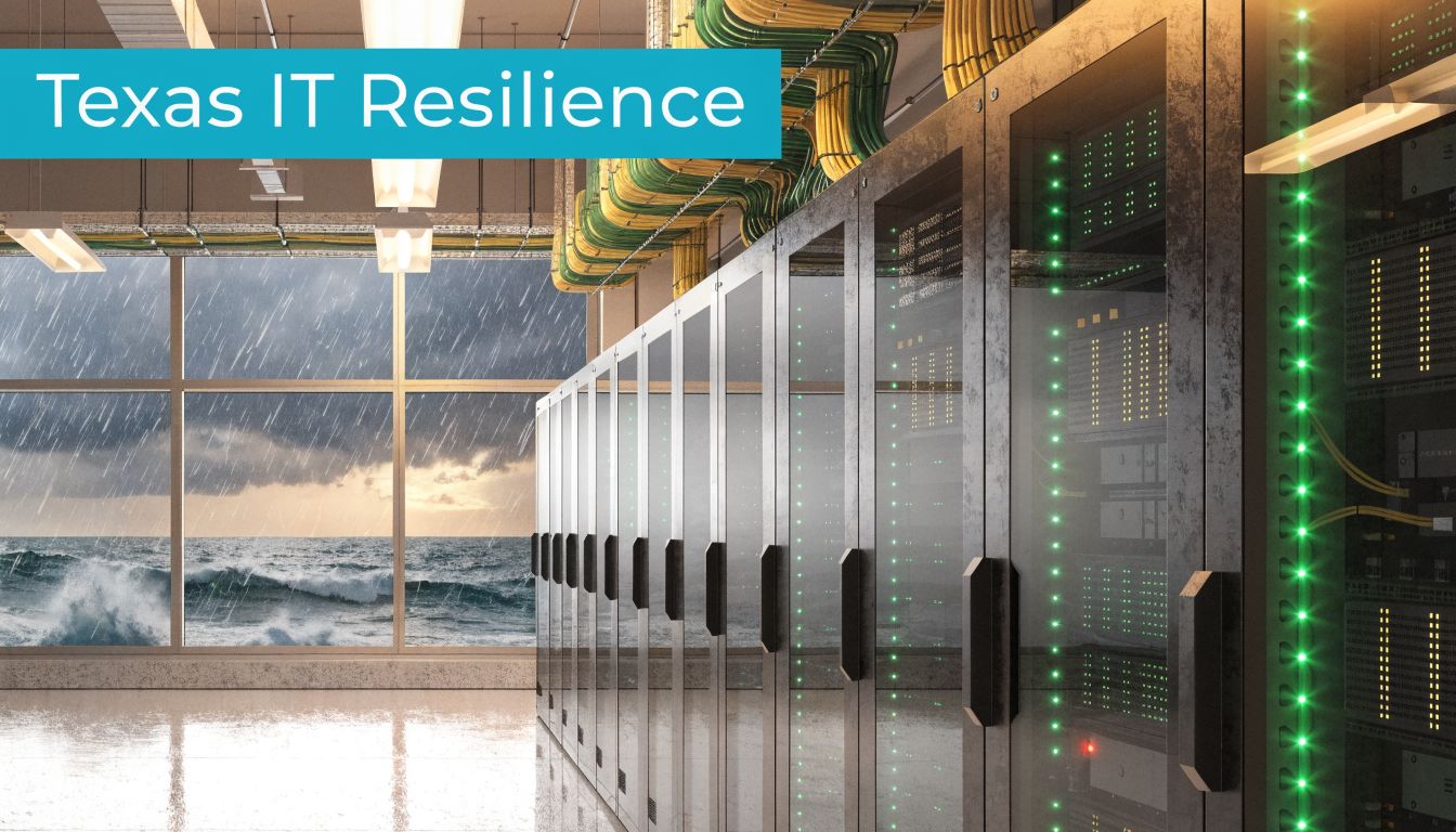 Server room with rows of racks next to a large window overlooking a stormy ocean scene.